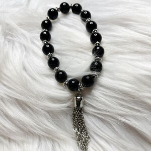 Beaded and Metal Tassel Boho Bracelet Black and Silver One Size